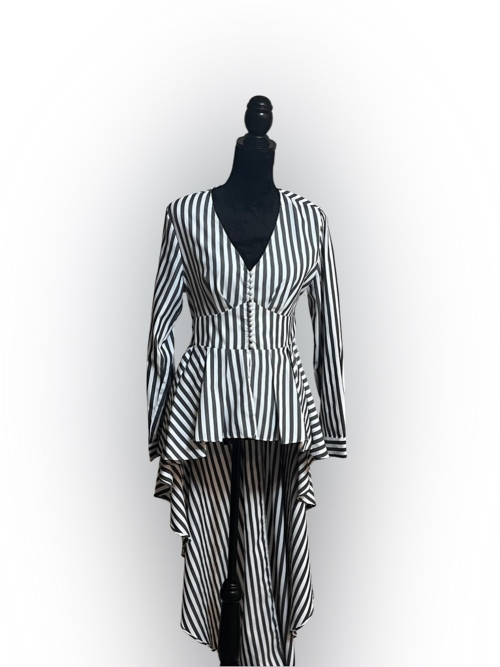 Charcoal White Striped High Low Shirt Deep V Pearl Button Tie Waist Size L